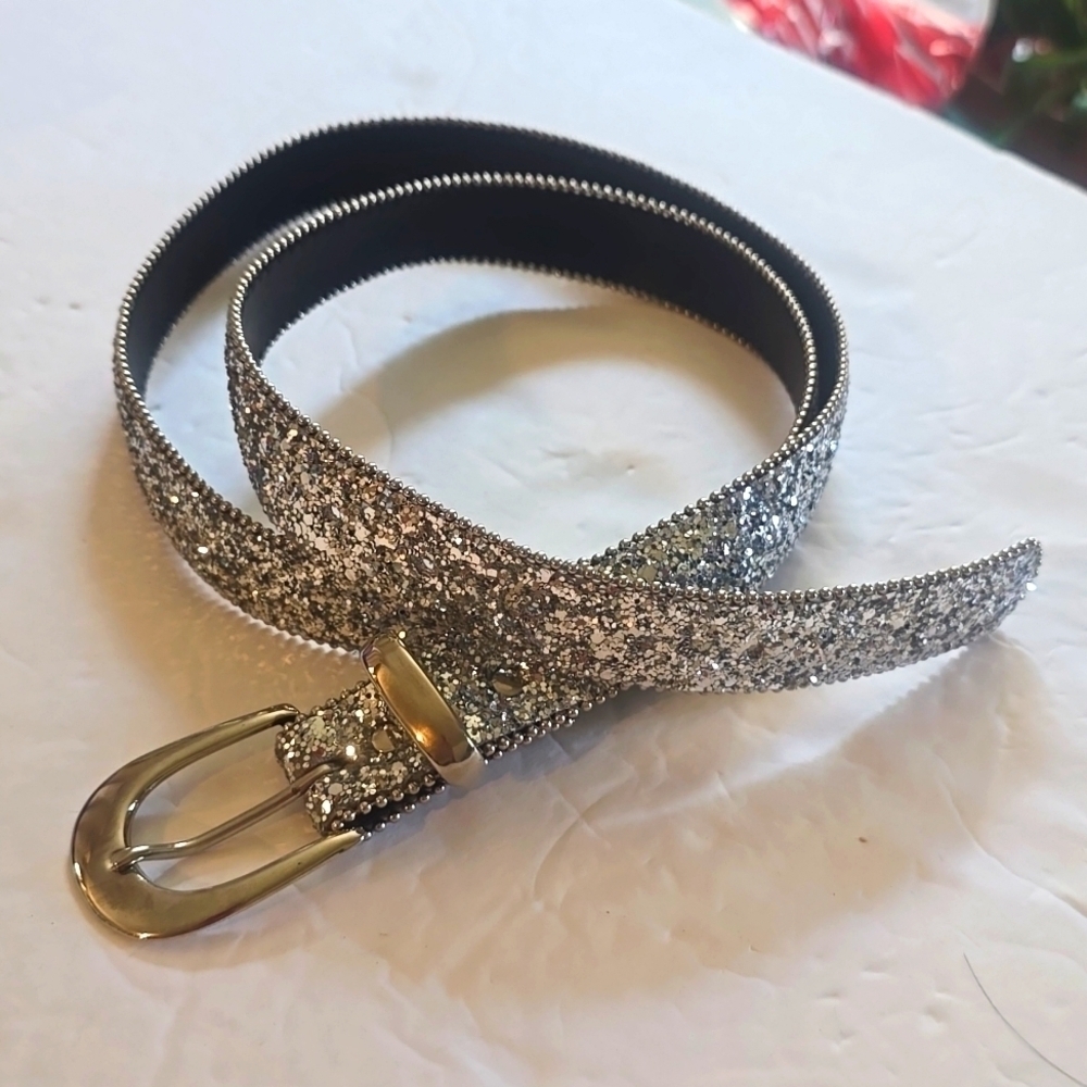 Womens Silver Sparkle Bling Glitter Belt Sparkle Silver Buckle Sz.XL - Picture 1 of 8